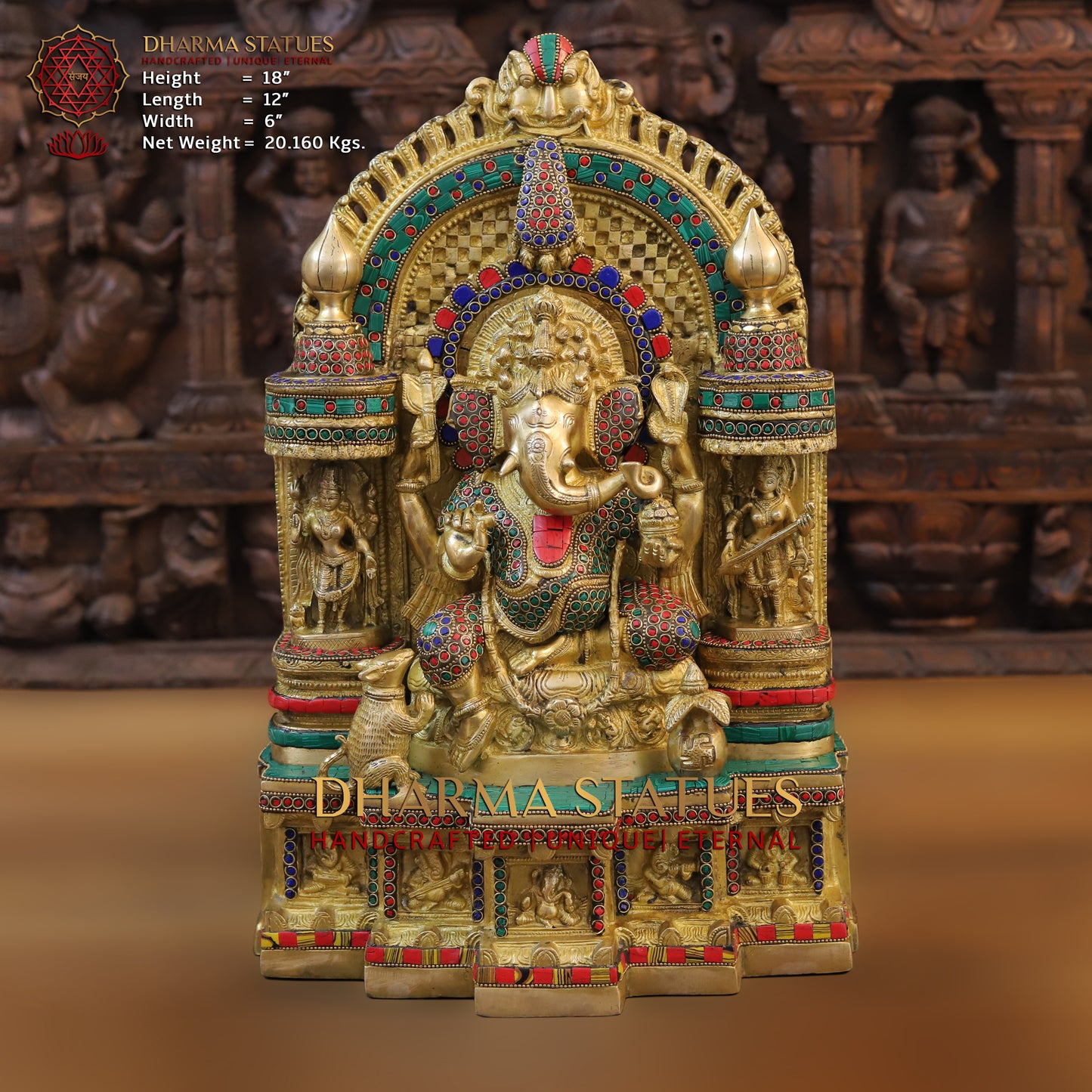 Brass Ganesh Seated in Temple, Golden & Stonework, 18"