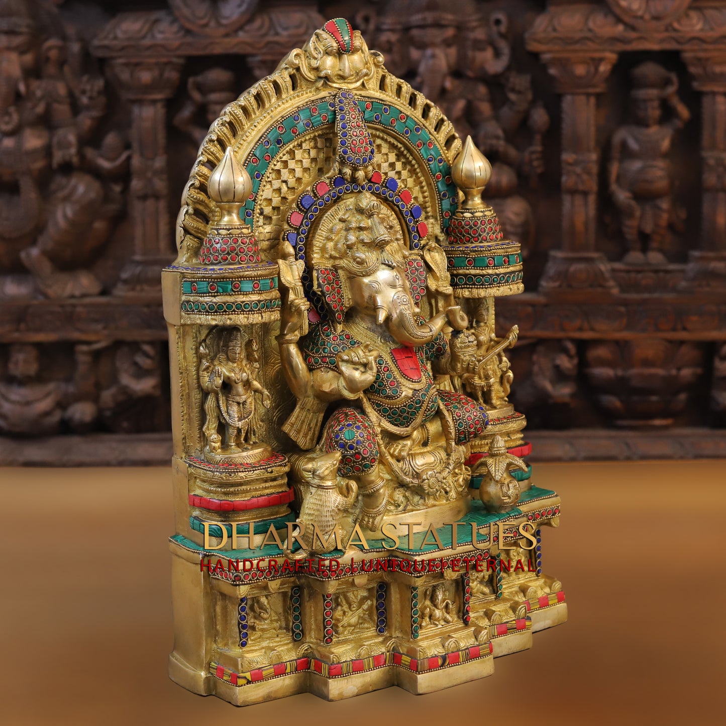 Brass Ganesh Seated in Temple, Golden & Stonework, 18"