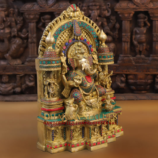 Brass Ganesh Seated in Temple, Golden & Stonework, 18"