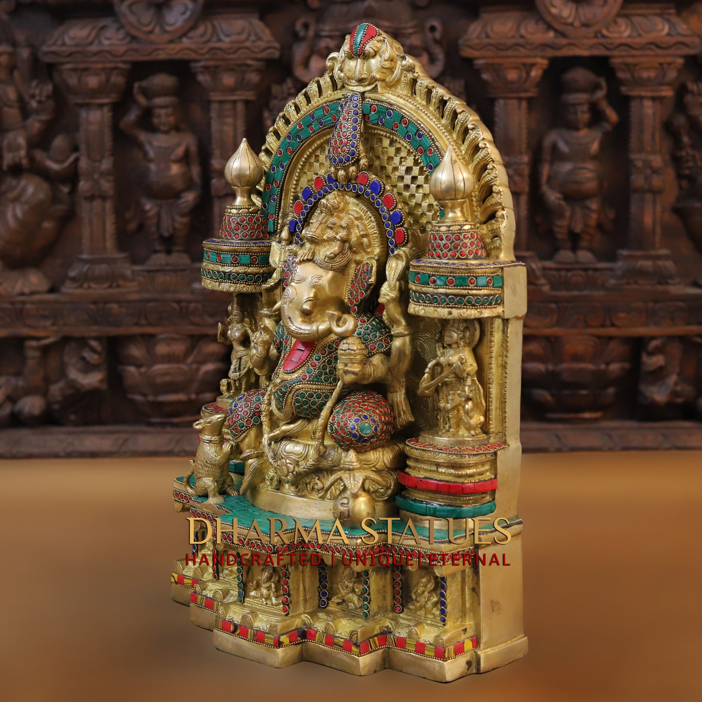 Brass Ganesh Seated in Temple, Golden & Stonework, 18"