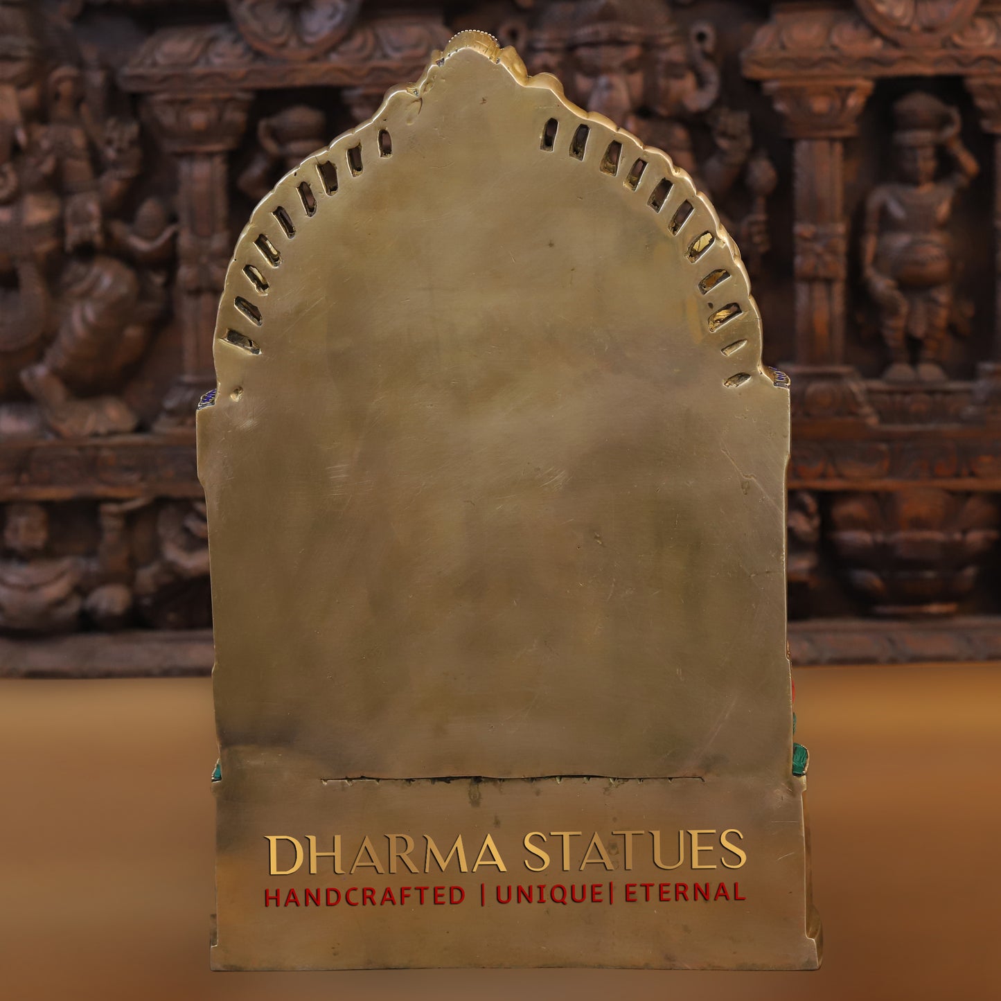 Brass Ganesh Seated in Temple, Golden & Stonework, 18"