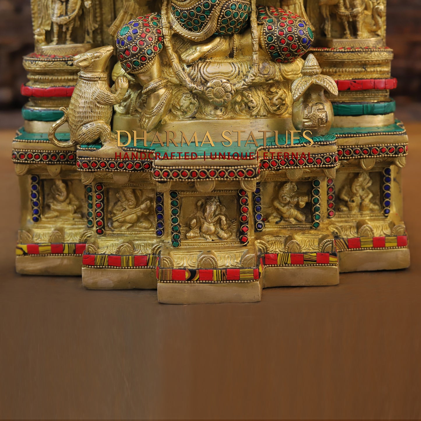 Brass Ganesh Seated in Temple, Golden & Stonework, 18"