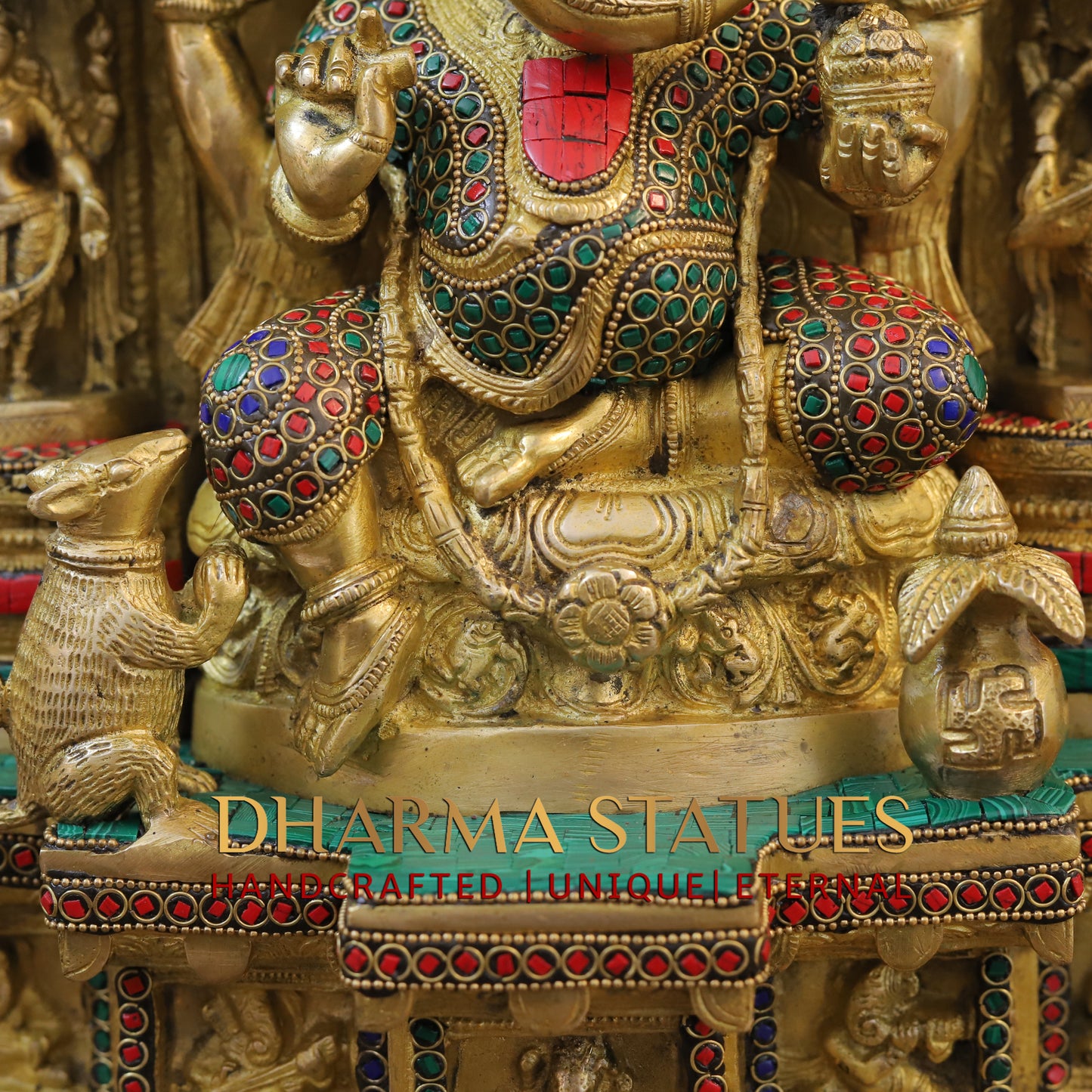 Brass Ganesh Seated in Temple, Golden & Stonework, 18"