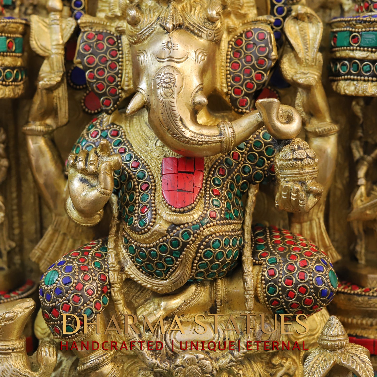 Brass Ganesh Seated in Temple, Golden & Stonework, 18"