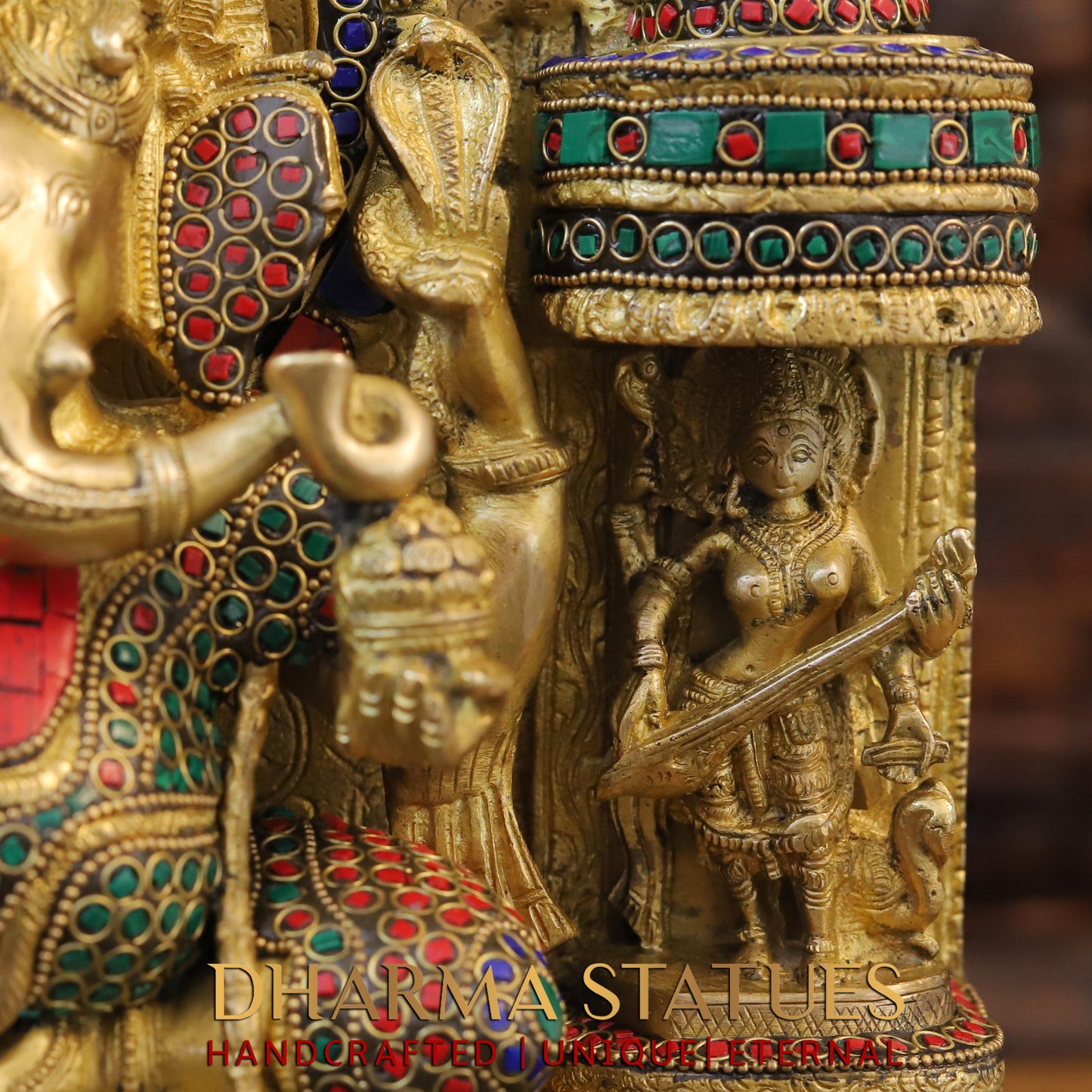Brass Ganesh Seated in Temple, Golden & Stonework, 18"