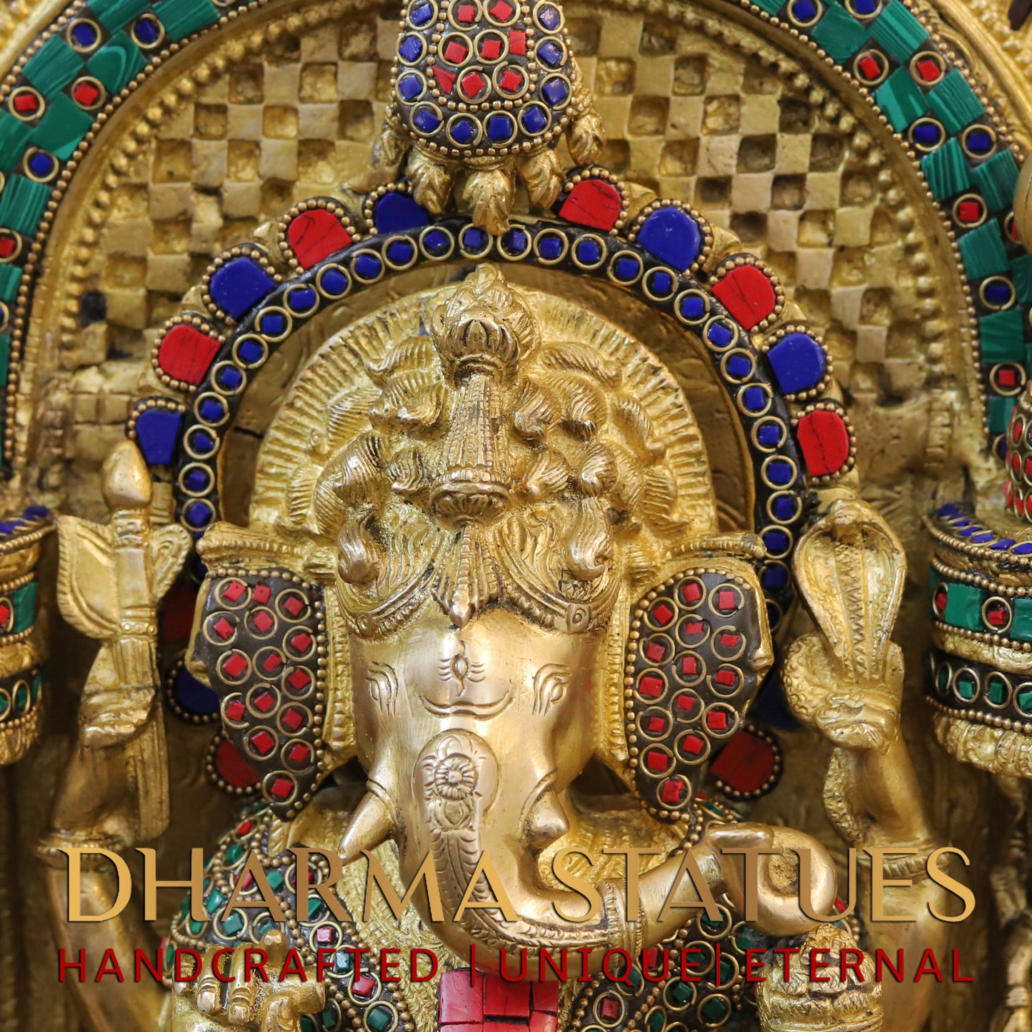 Brass Ganesh Seated in Temple, Golden & Stonework, 18"