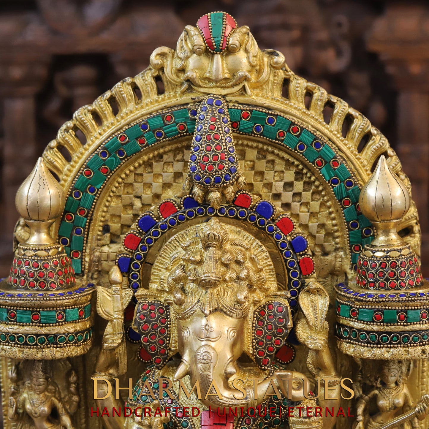 Brass Ganesh Seated in Temple, Golden & Stonework, 18"