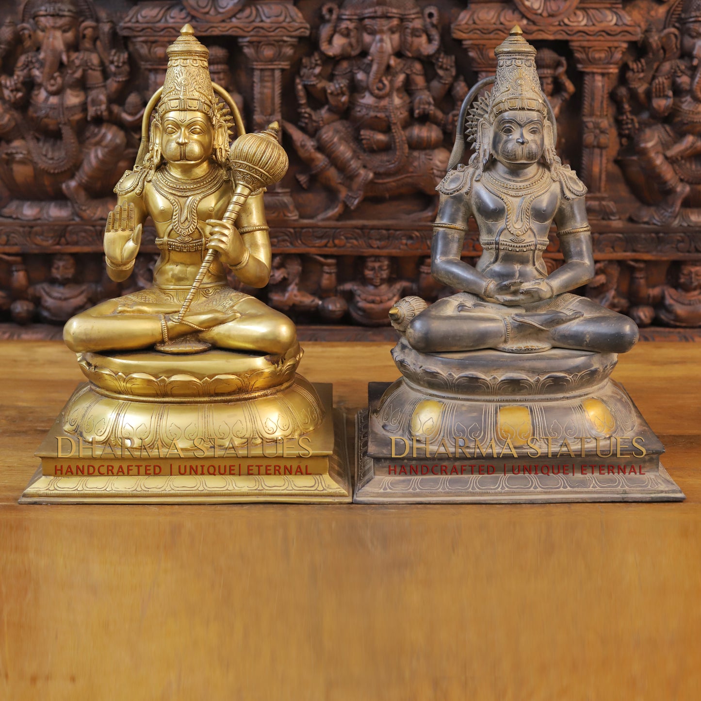 Brass Hanuman Idol, Seated on a Lotus, Fine Golden Finish 18"