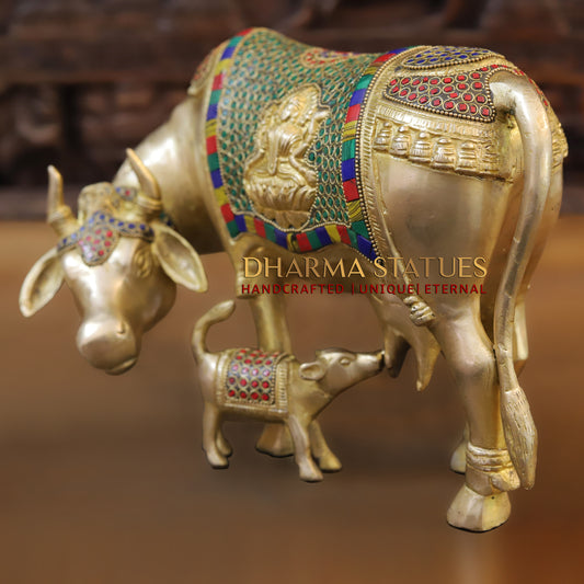 Brass Cow With Calf Idol Lakshmi Ji Engraved, Golden Finish & Stonework, 8.5"