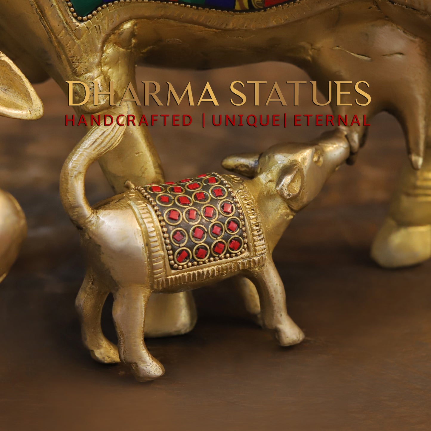 Brass Cow With Calf Idol Lakshmi Ji Engraved, Golden Finish & Stonework, 8.5"