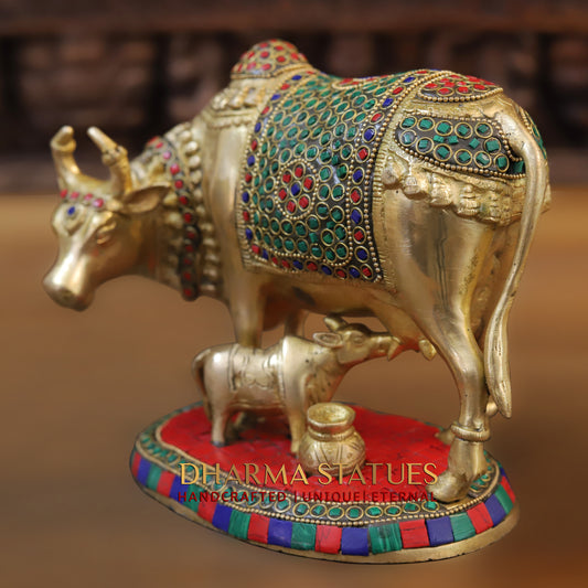 Brass Cow With Calf Standing on Base, Golden Finish & Stonework, 7"
