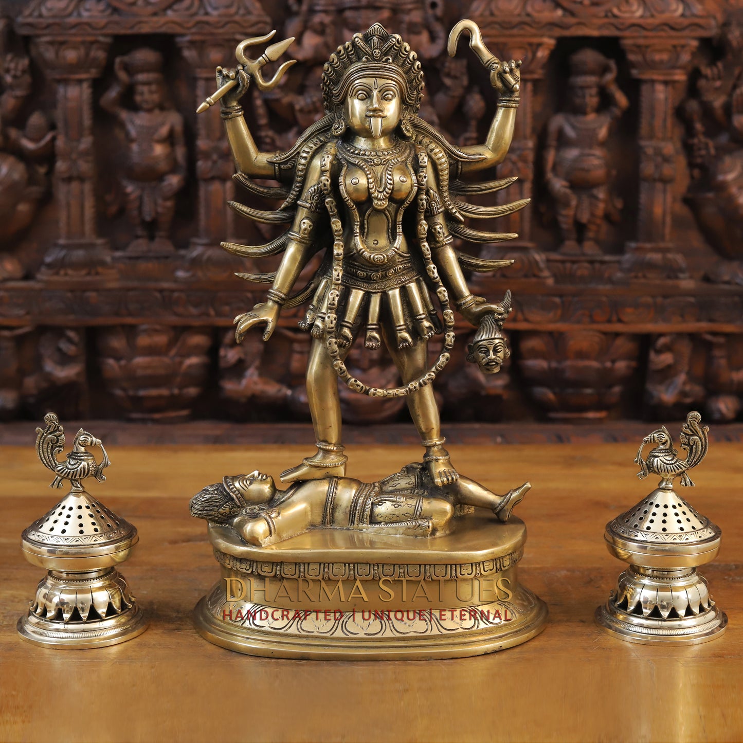 Brass Kali Idol, Standing on Shiva's Chest, Fine Golden Finish 17.5"