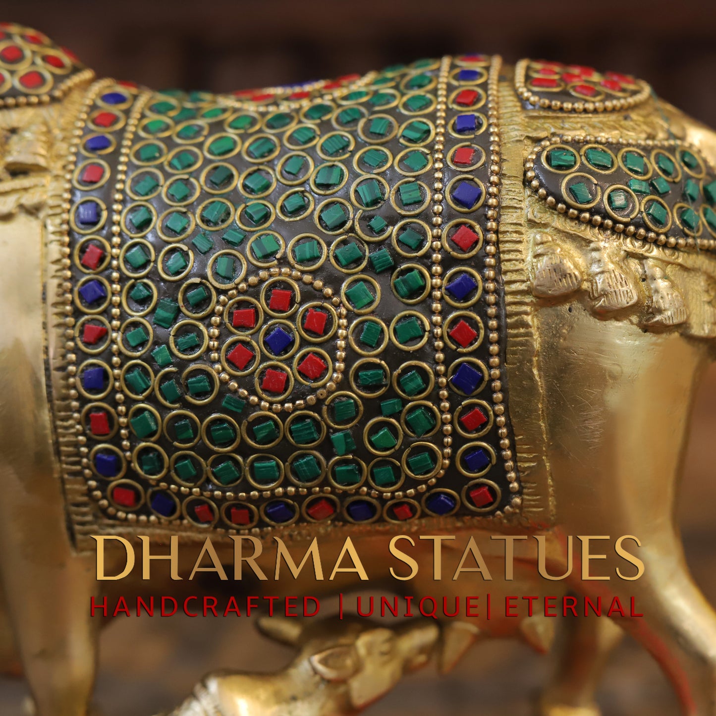 Brass Cow With Calf Standing on Base, Golden Finish & Stonework, 7"