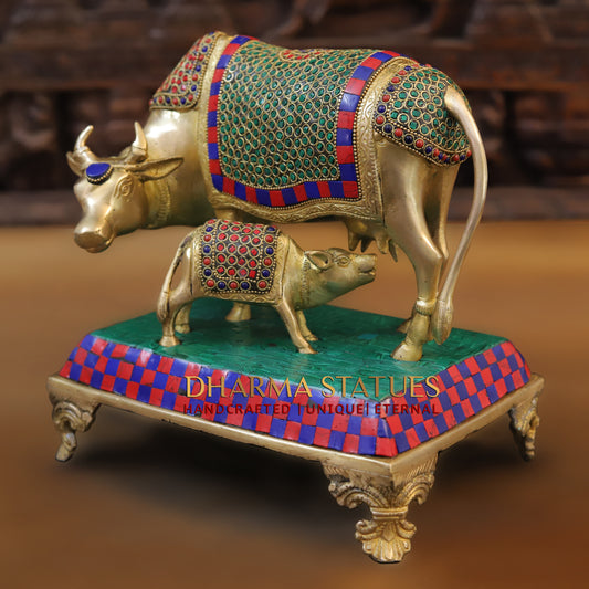 Brass Cow With Calf Standing on Chowki, Golden Finish & Stonework, 7"