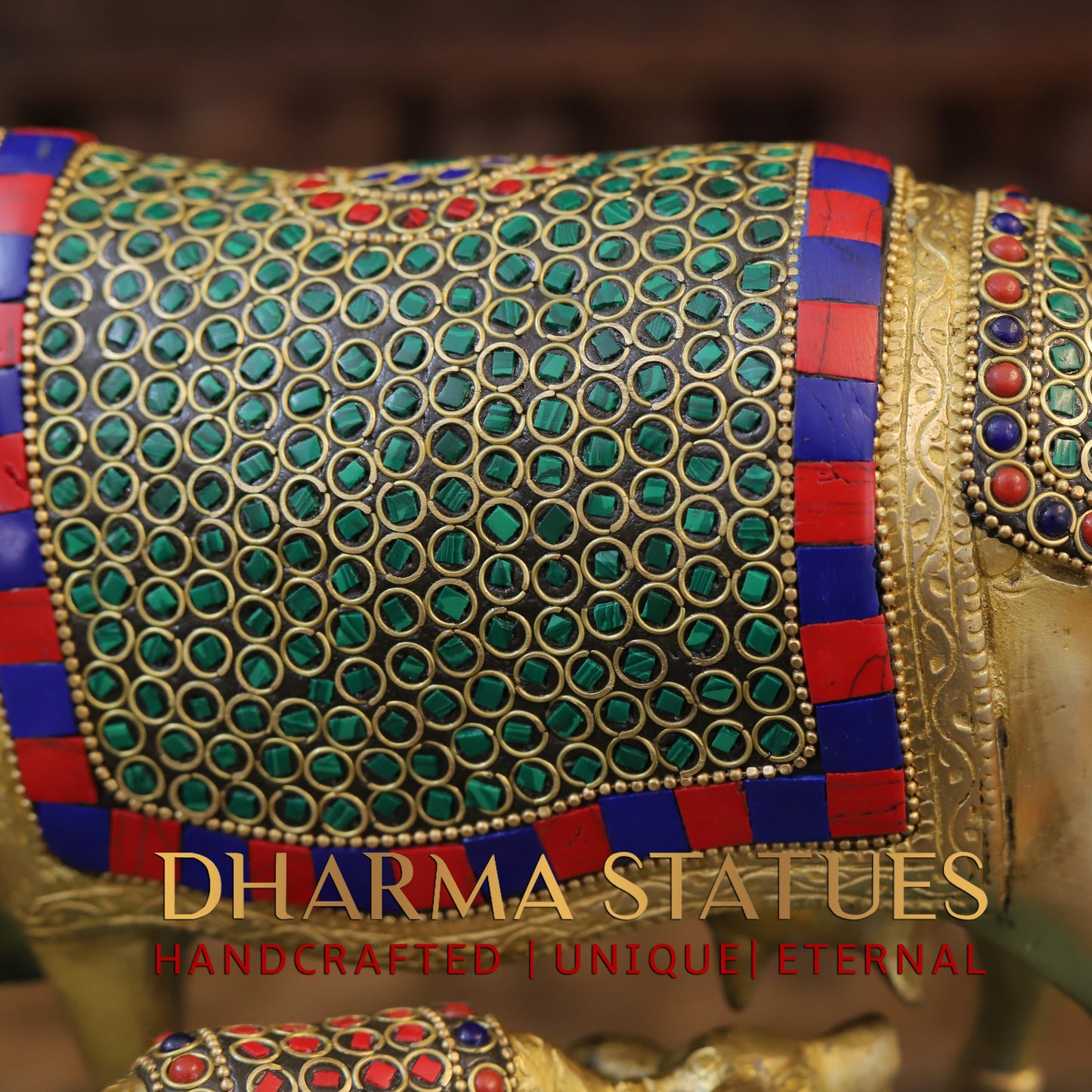 Brass Cow With Calf Standing on Chowki, Golden Finish & Stonework, 7"