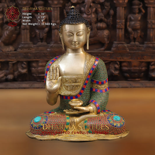 Brass Buddha seated, Blessing Position, Golden & Stonework, 16"