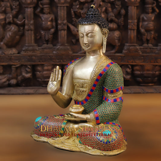 Brass Buddha seated, Blessing Position, Golden & Stonework, 16"
