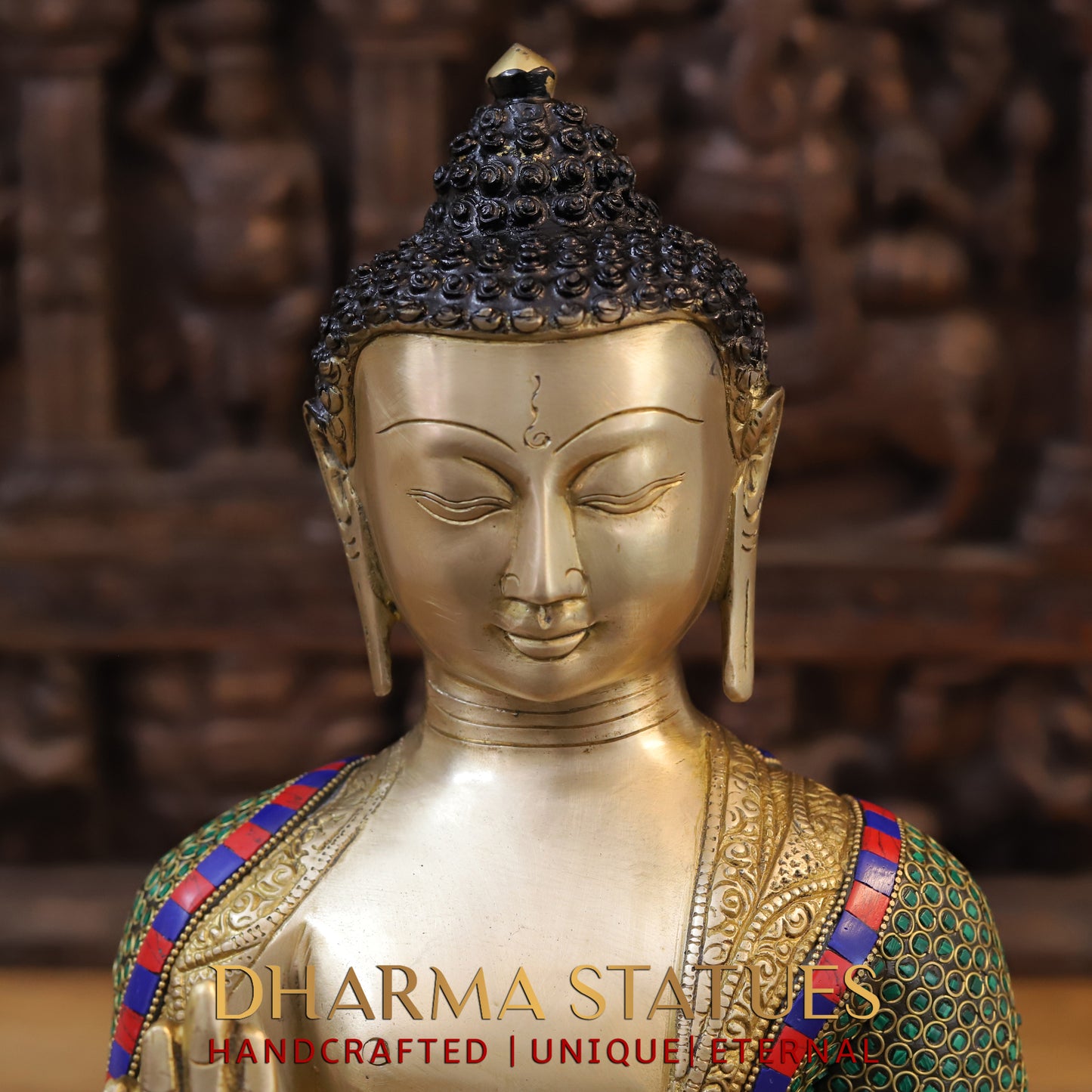 Brass Buddha seated, Blessing Position, Golden & Stonework, 16"