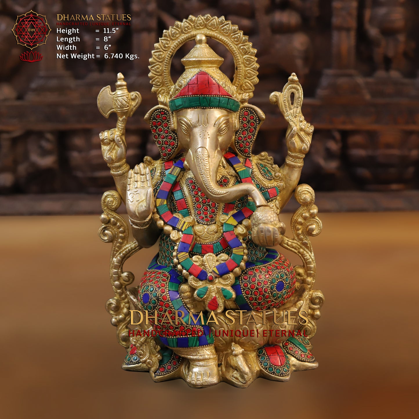 Brass Ganesh seated on Lotus, Blessing Posture, Golden & Stonework, 11.5"