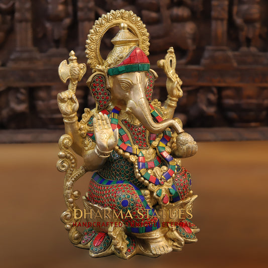 Brass Ganesh seated on Lotus, Blessing Posture, Golden & Stonework, 11.5"