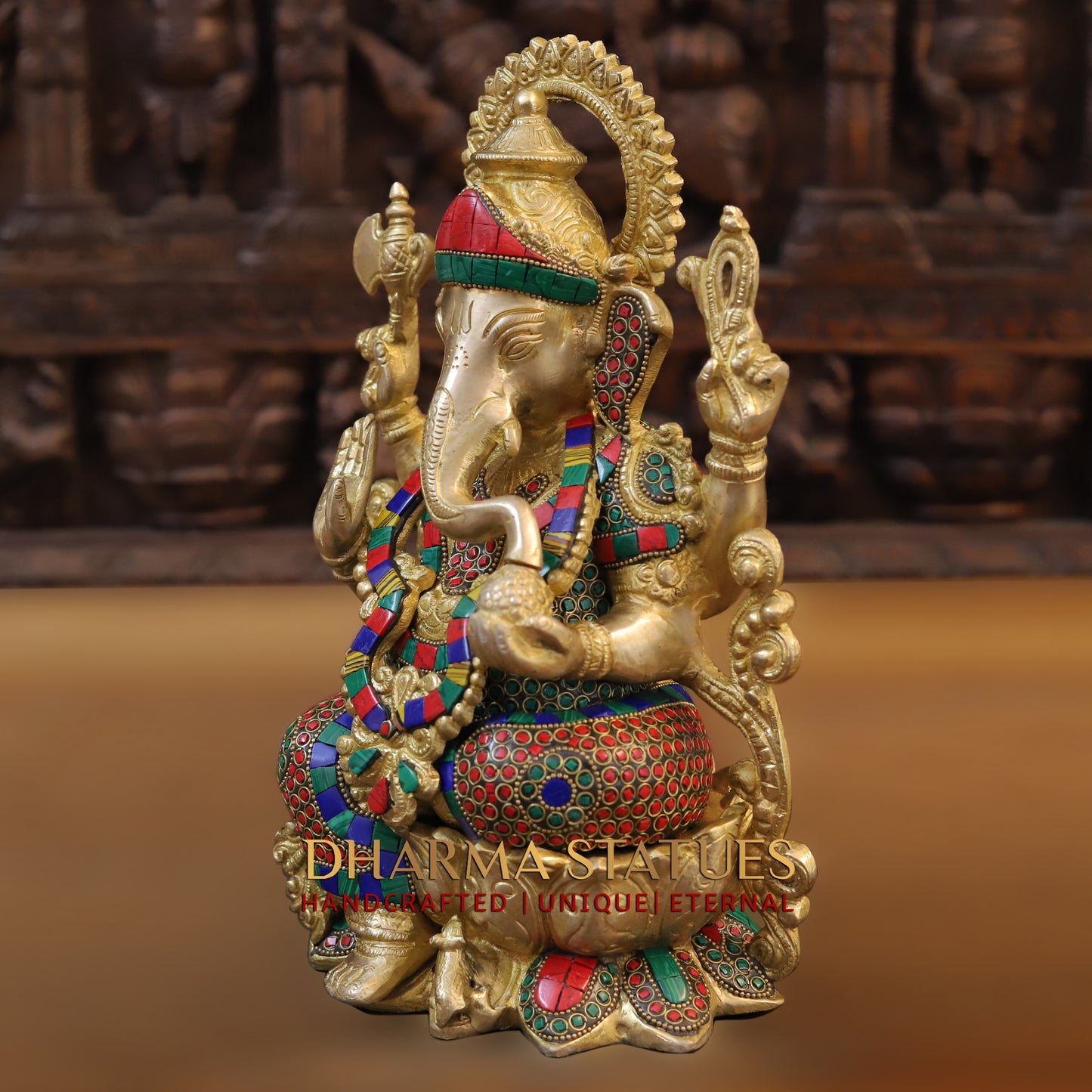 Brass Ganesh seated on Lotus, Blessing Posture, Golden & Stonework, 11.5"