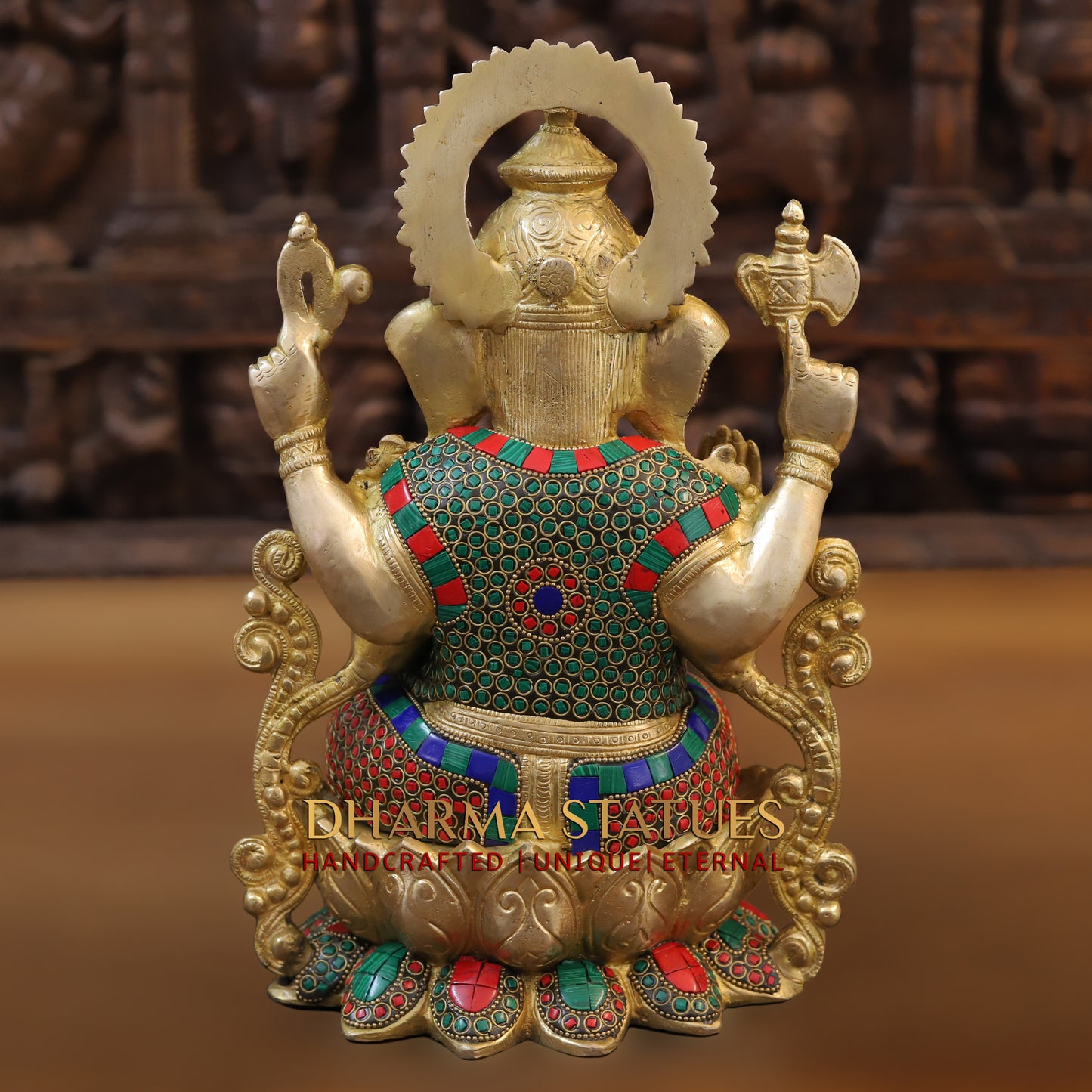 Brass Ganesh seated on Lotus, Blessing Posture, Golden & Stonework, 11.5"