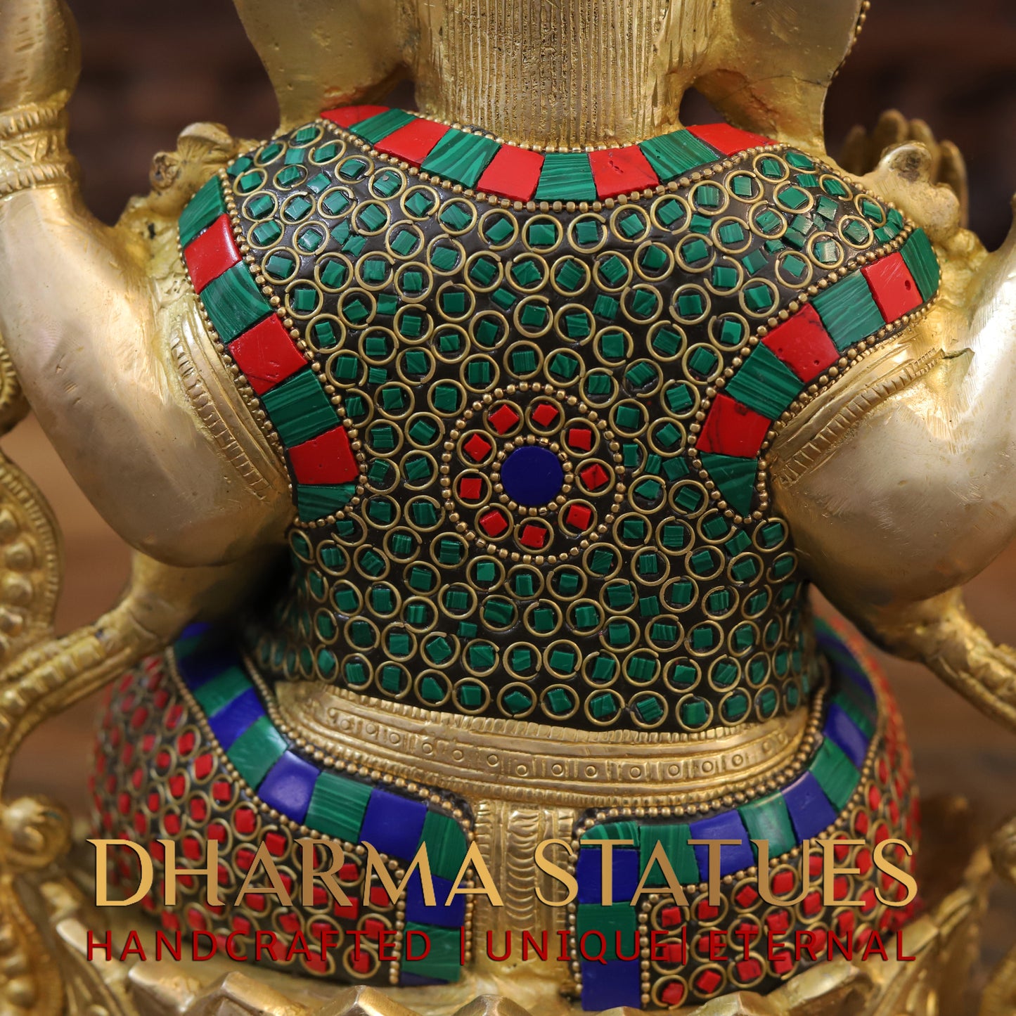 Brass Ganesh seated on Lotus, Blessing Posture, Golden & Stonework, 11.5"