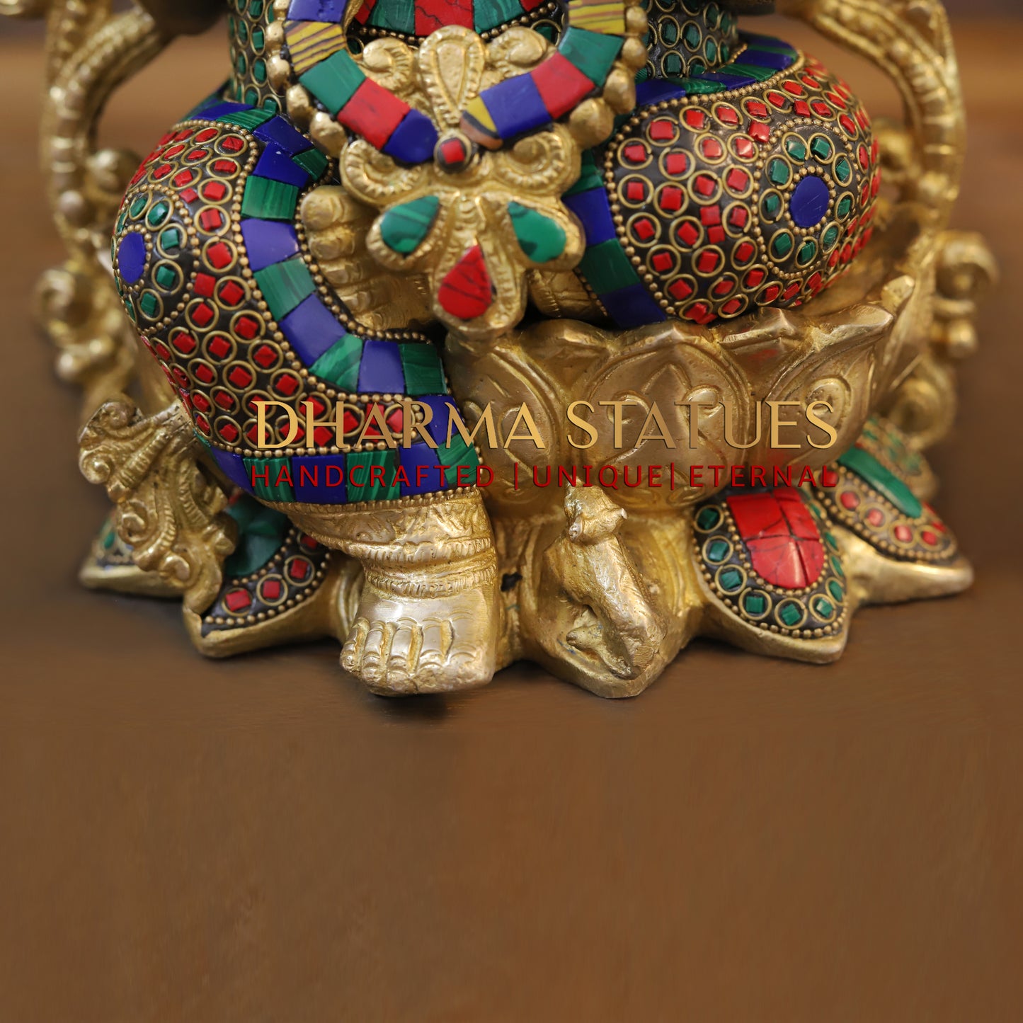 Brass Ganesh seated on Lotus, Blessing Posture, Golden & Stonework, 11.5"
