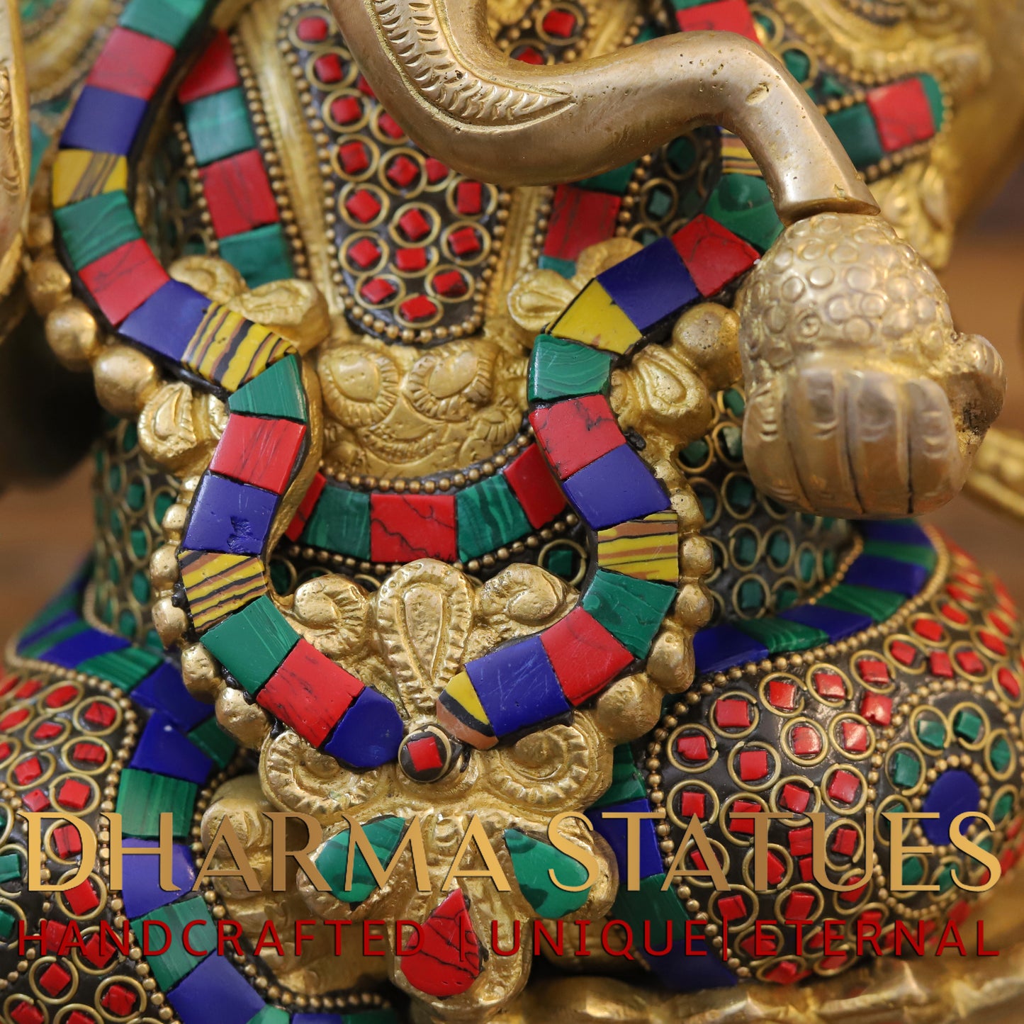 Brass Ganesh seated on Lotus, Blessing Posture, Golden & Stonework, 11.5"