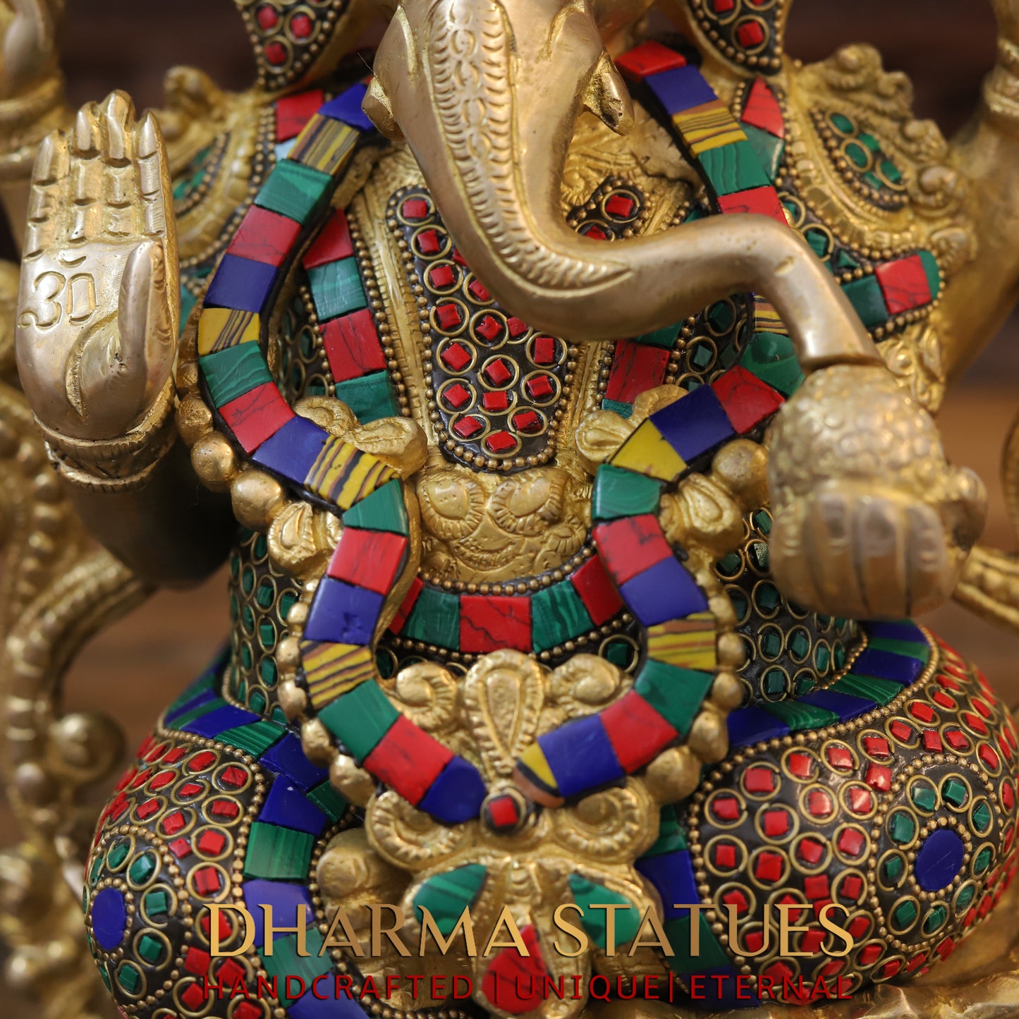 Brass Ganesh seated on Lotus, Blessing Posture, Golden & Stonework, 11.5"