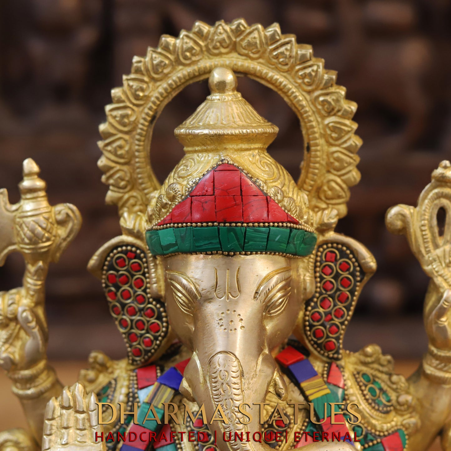 Brass Ganesh seated on Lotus, Blessing Posture, Golden & Stonework, 11.5"