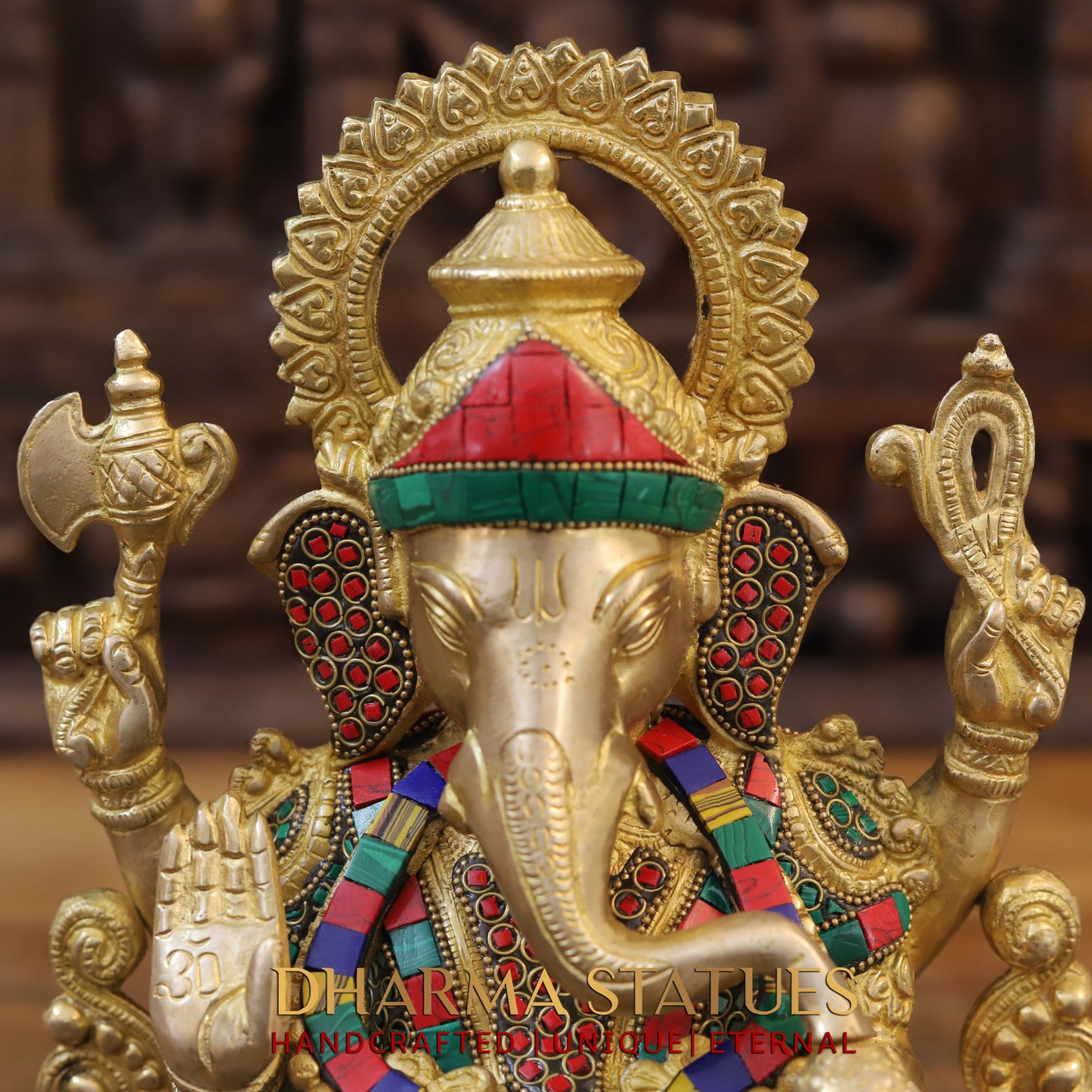 Brass Ganesh seated on Lotus, Blessing Posture, Golden & Stonework, 11.5"