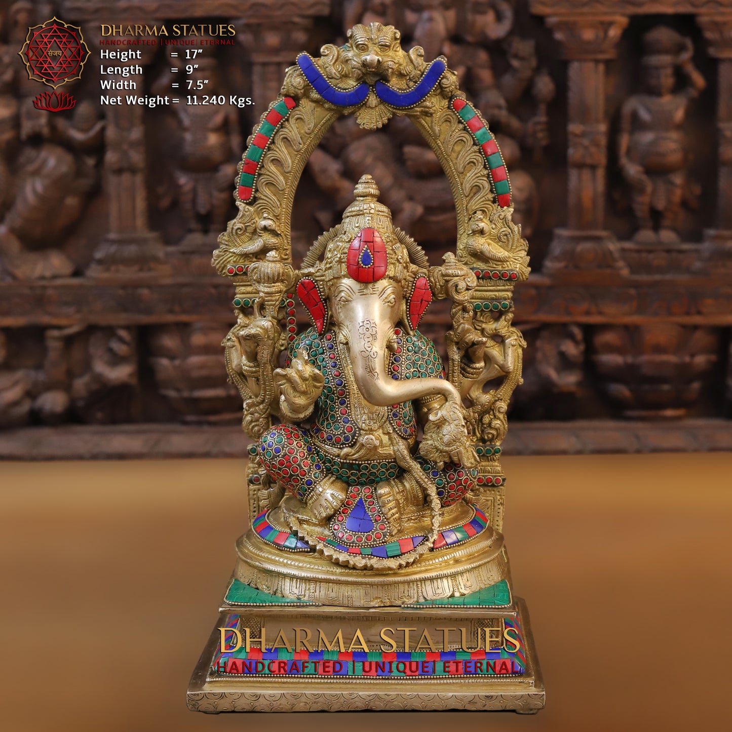 Brass Ganesh seated with Frame, Golden & Stonework, 17"