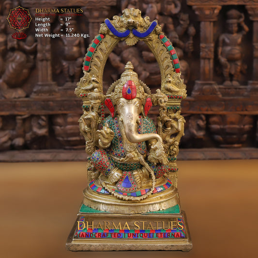 Brass Ganesh seated with Frame, Golden & Stonework, 17"