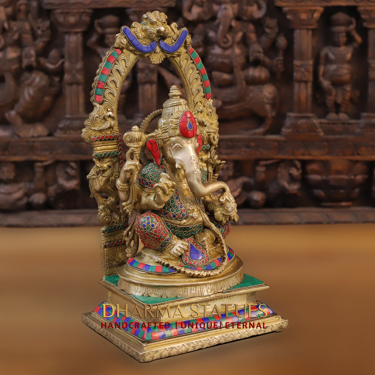 Brass Ganesh seated with Frame, Golden & Stonework, 17"