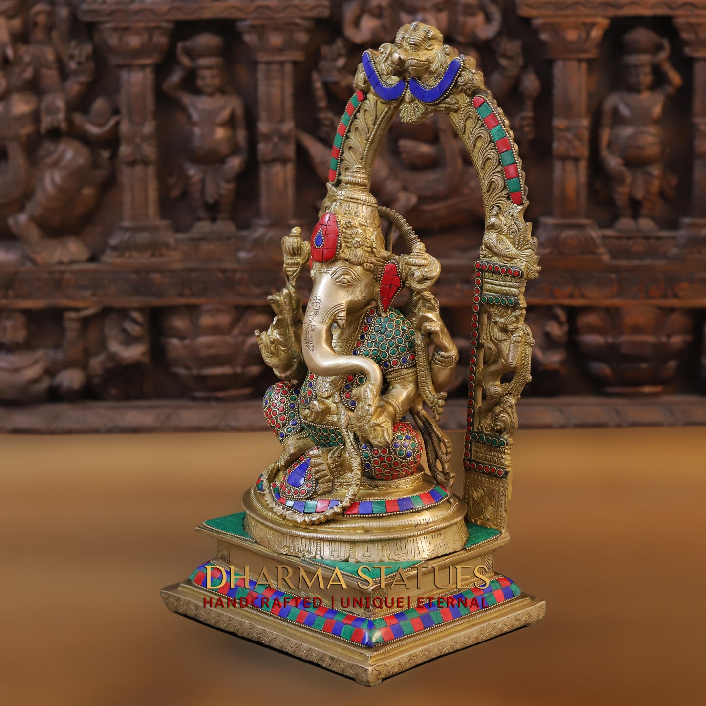 Brass Ganesh seated with Frame, Golden & Stonework, 17"