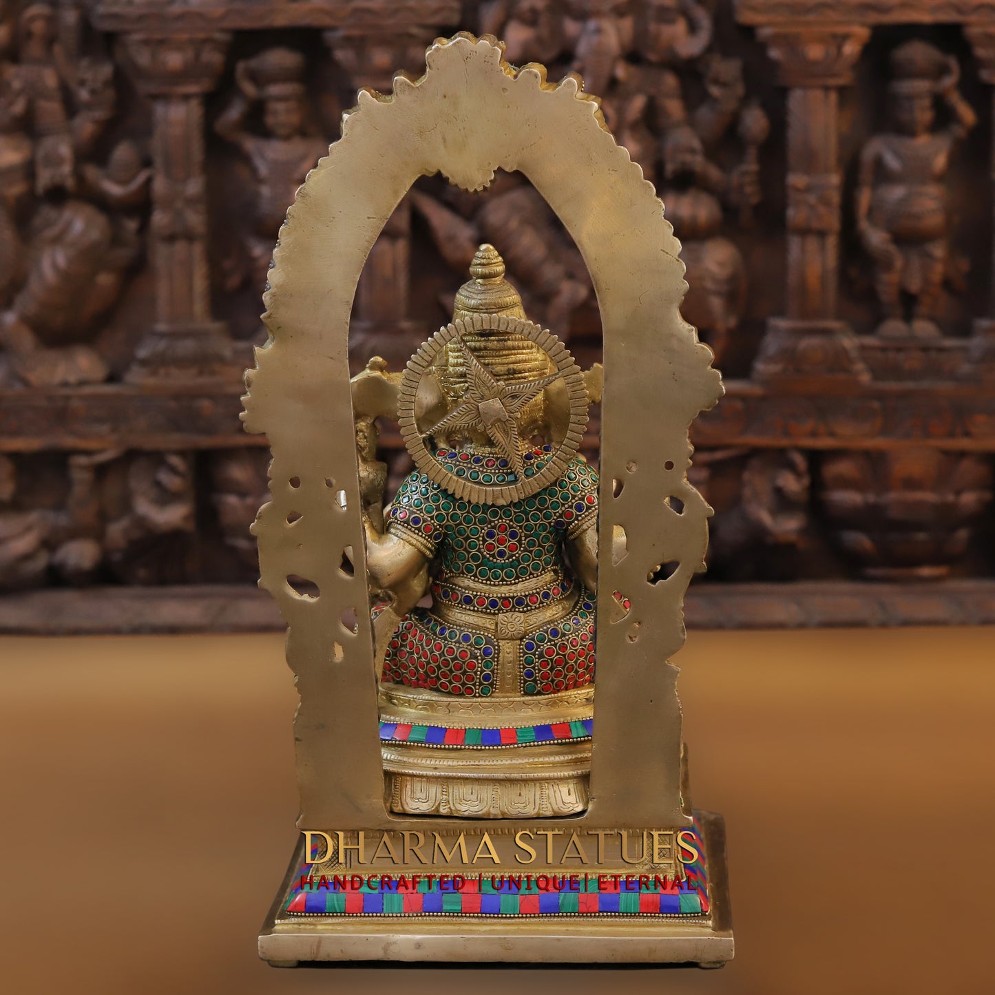 Brass Ganesh seated with Frame, Golden & Stonework, 17"