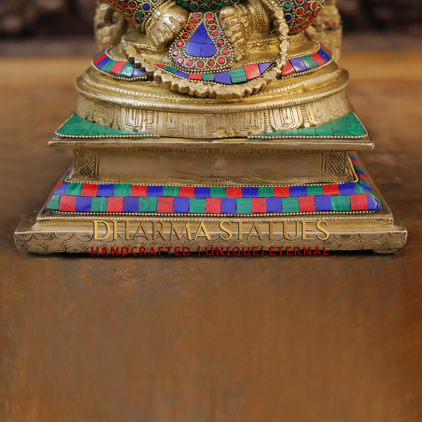 Brass Ganesh seated with Frame, Golden & Stonework, 17"