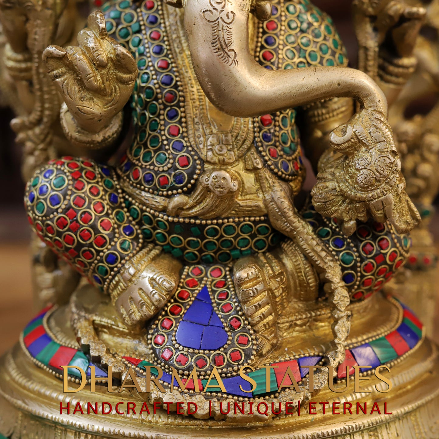 Brass Ganesh seated with Frame, Golden & Stonework, 17"