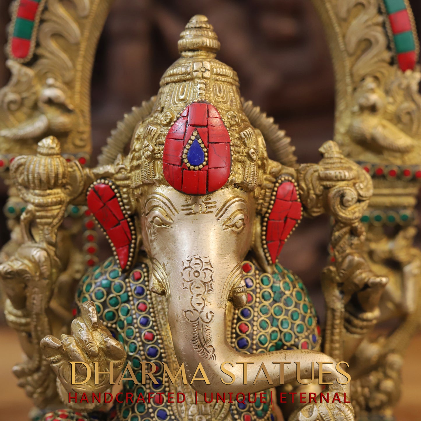 Brass Ganesh seated with Frame, Golden & Stonework, 17"