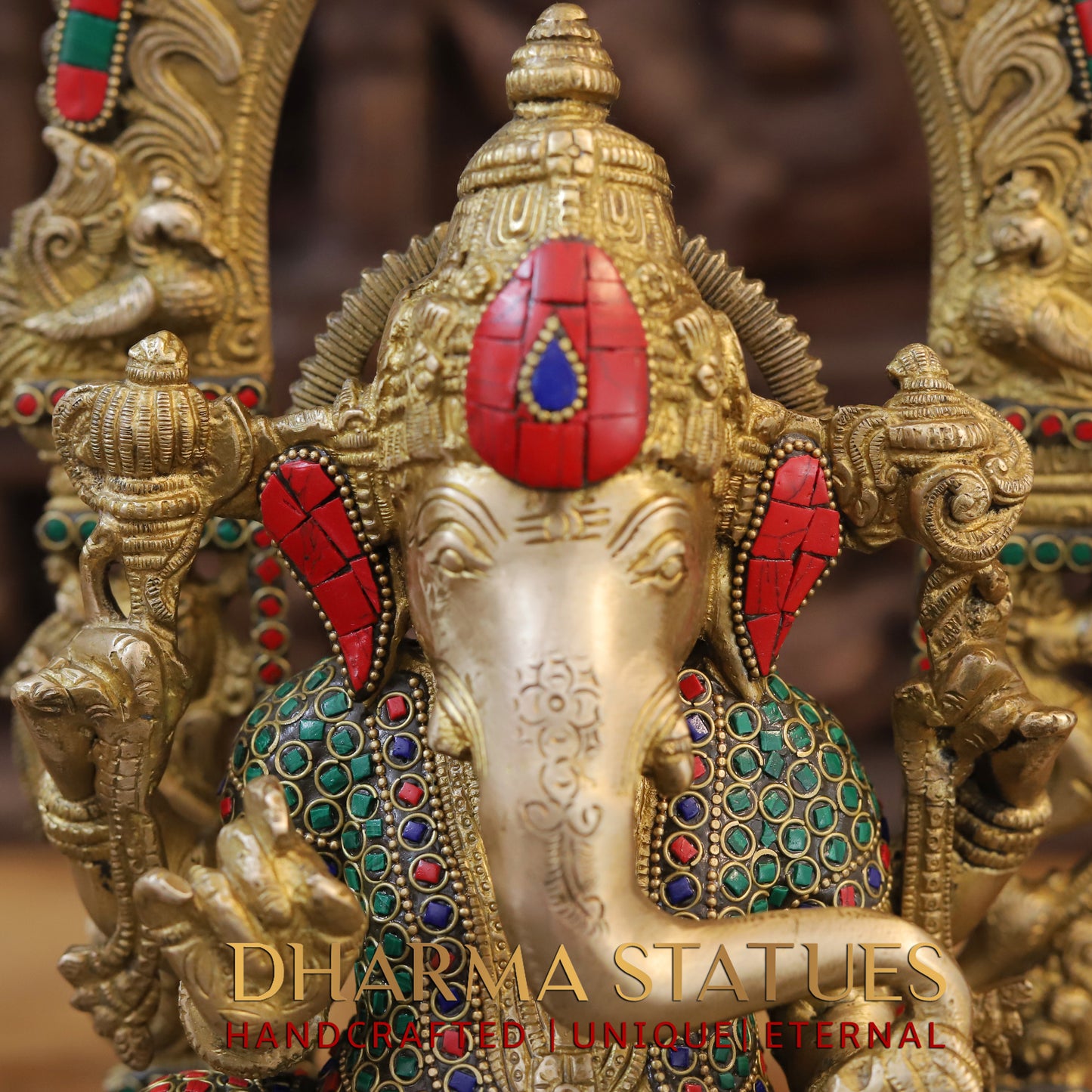 Brass Ganesh seated with Frame, Golden & Stonework, 17"