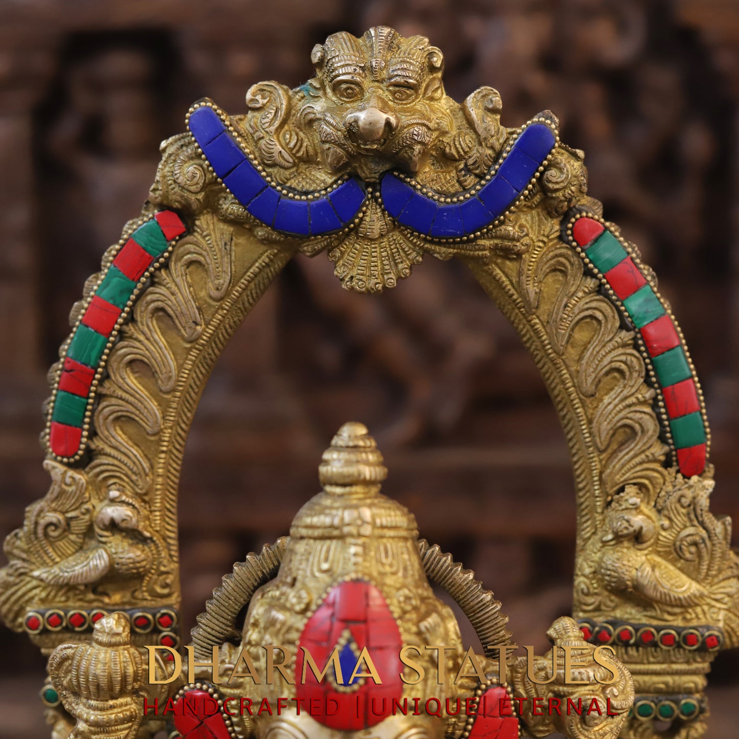 Brass Ganesh seated with Frame, Golden & Stonework, 17"