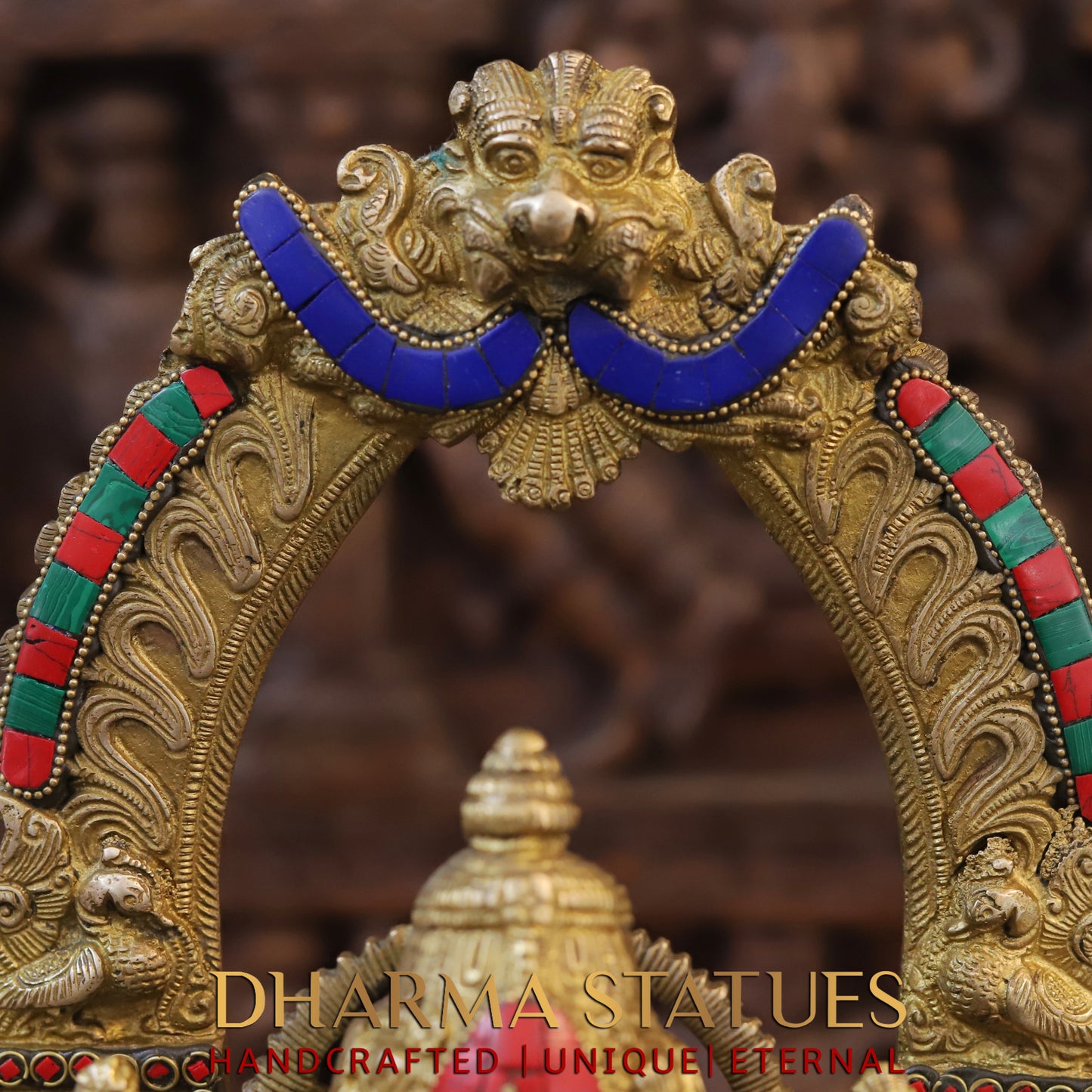 Brass Ganesh seated with Frame, Golden & Stonework, 17"