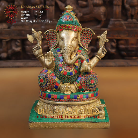 Brass Ganesh seated on Base, Blessing Posture, Golden & Stonework, 12.5"
