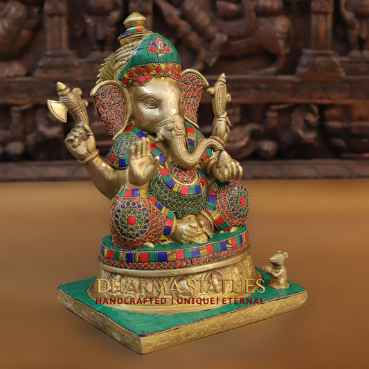 Brass Ganesh seated on Base, Blessing Posture, Golden & Stonework, 12.5"