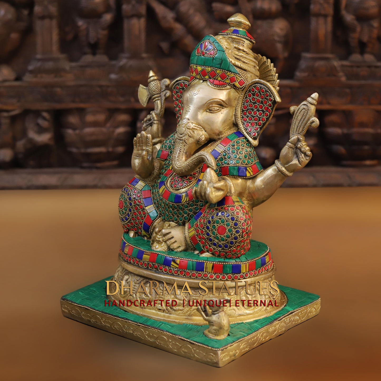 Brass Ganesh seated on Base, Blessing Posture, Golden & Stonework, 12.5"
