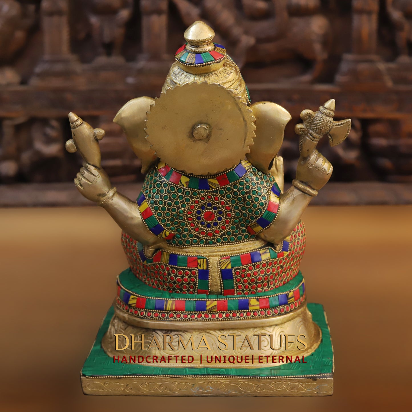 Brass Ganesh seated on Base, Blessing Posture, Golden & Stonework, 12.5"