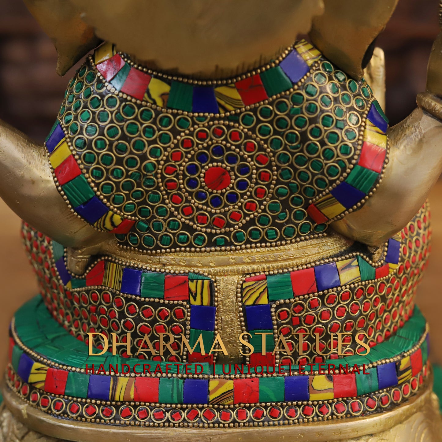 Brass Ganesh seated on Base, Blessing Posture, Golden & Stonework, 12.5"