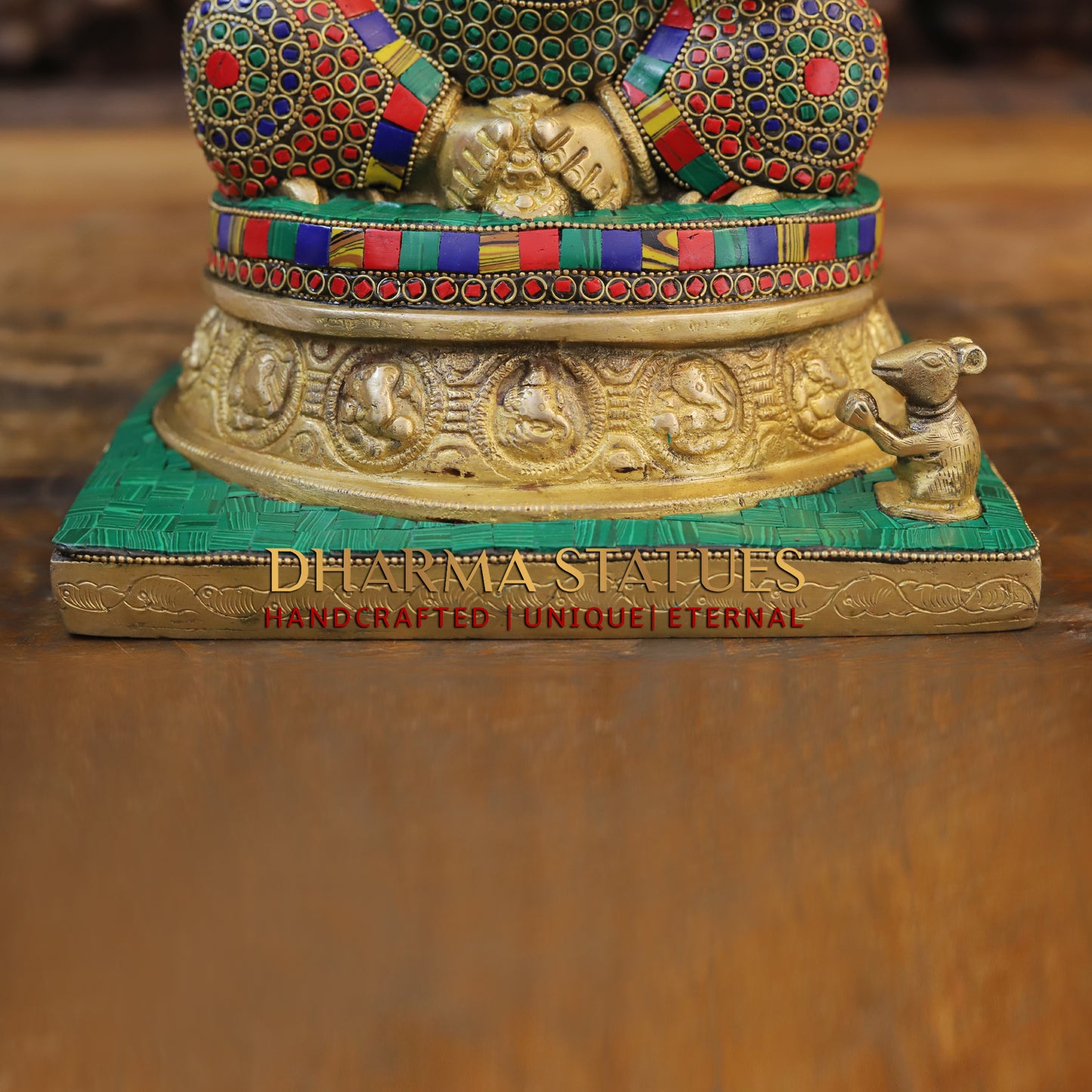Brass Ganesh seated on Base, Blessing Posture, Golden & Stonework, 12.5"