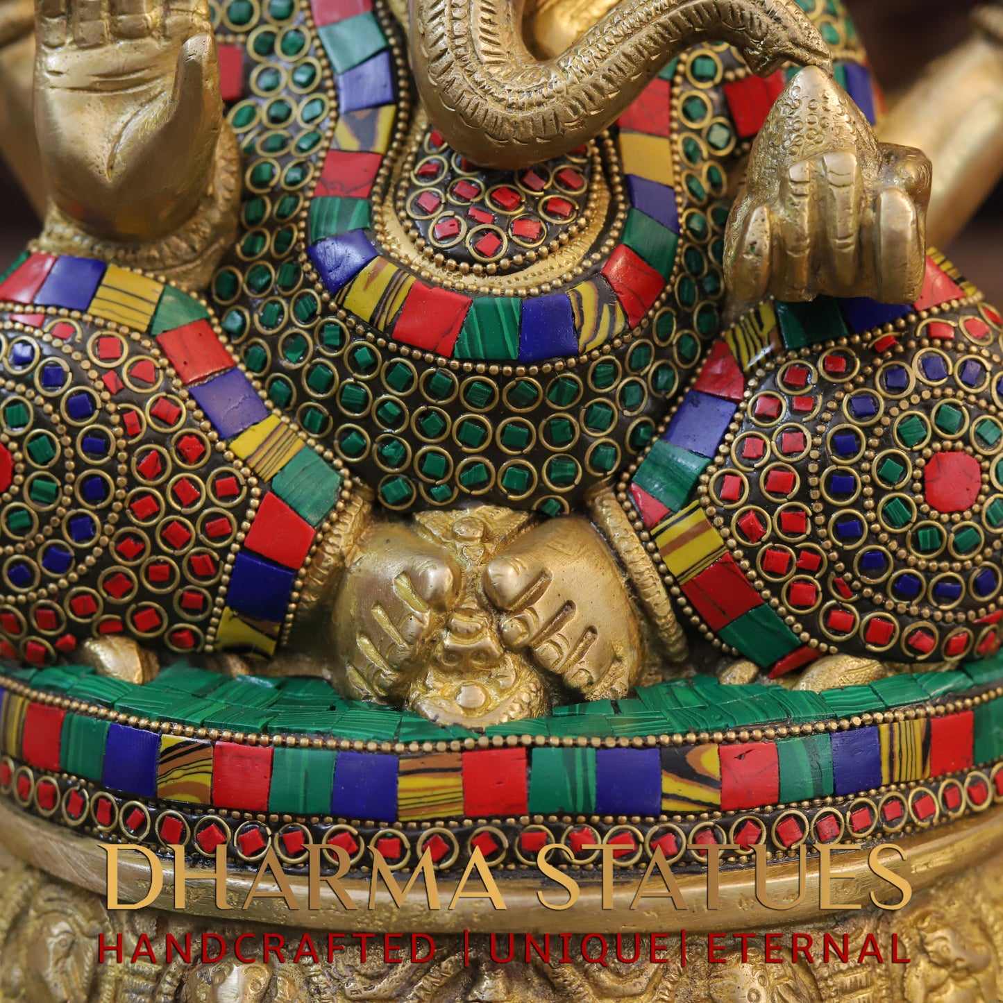 Brass Ganesh seated on Base, Blessing Posture, Golden & Stonework, 12.5"